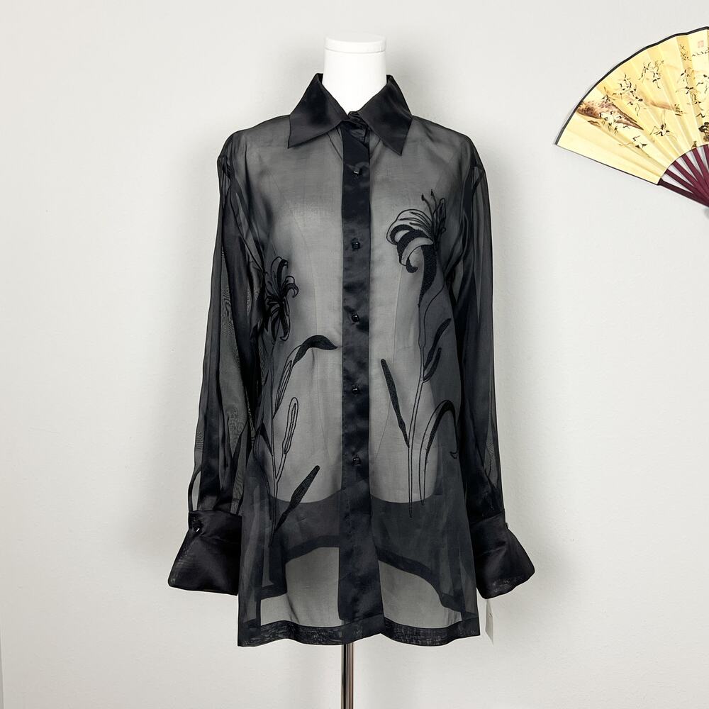 90s vintage black silk minimalist sheer organza emboidered tunic shirt blouse - Picture 2 of 10